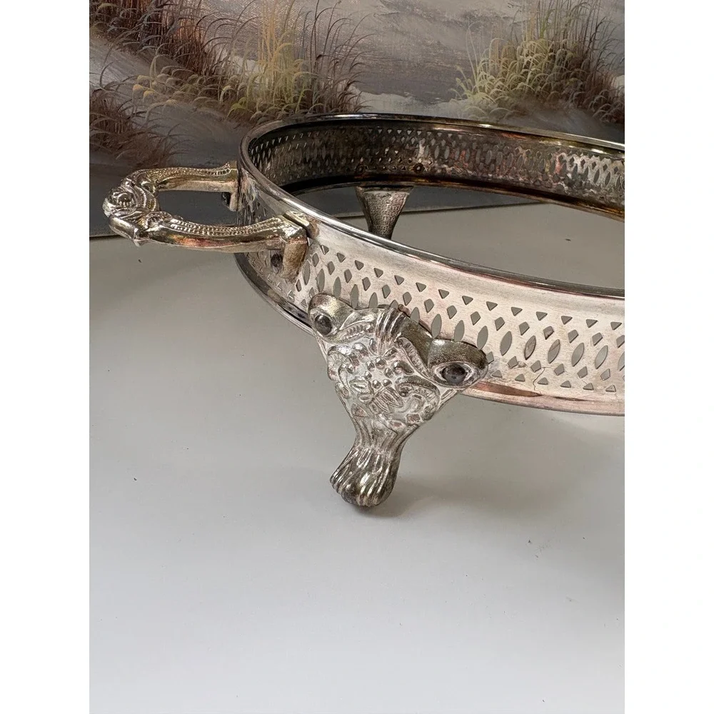 Vintage Silver Plated Reticulated Casserole Holder Lion Paw Feet Footed Trivet